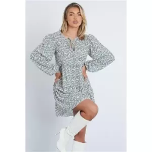 Image of I Saw It First Sage Woven Ditsy Floral Key Hole Tie Front Smock Dress - Green