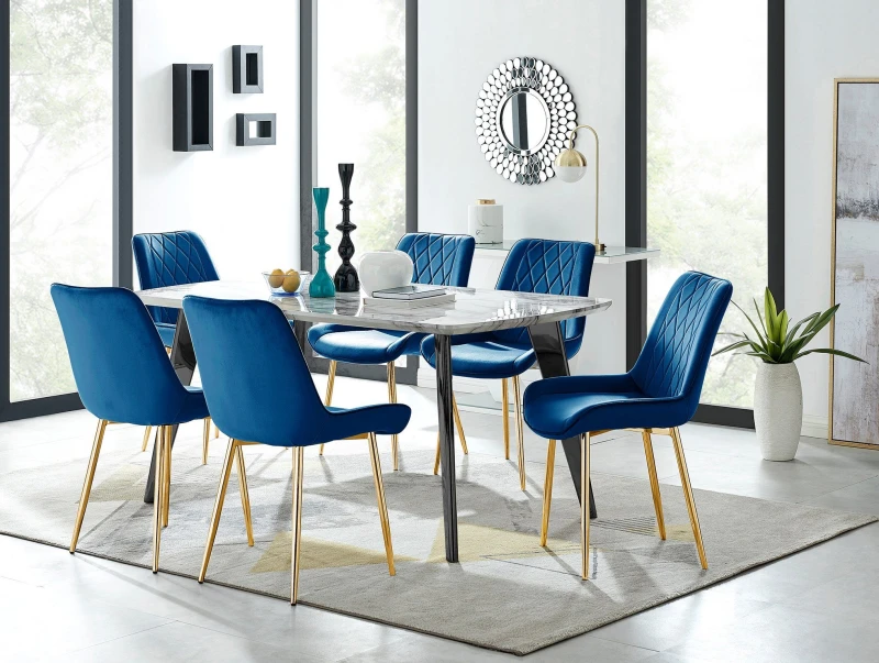 Image of FurnitureboxUK FurnitureboxUK Andria Marble Effect Dining Table With Black Legs & 6 Pesaro Velvet Gold Leg Chairs in Navy Navy One Size Unisex 5056542