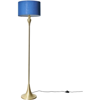 Image of Matt Gold Spindle Floor Lamp Light with Fabric Lampshade - Navy Blue