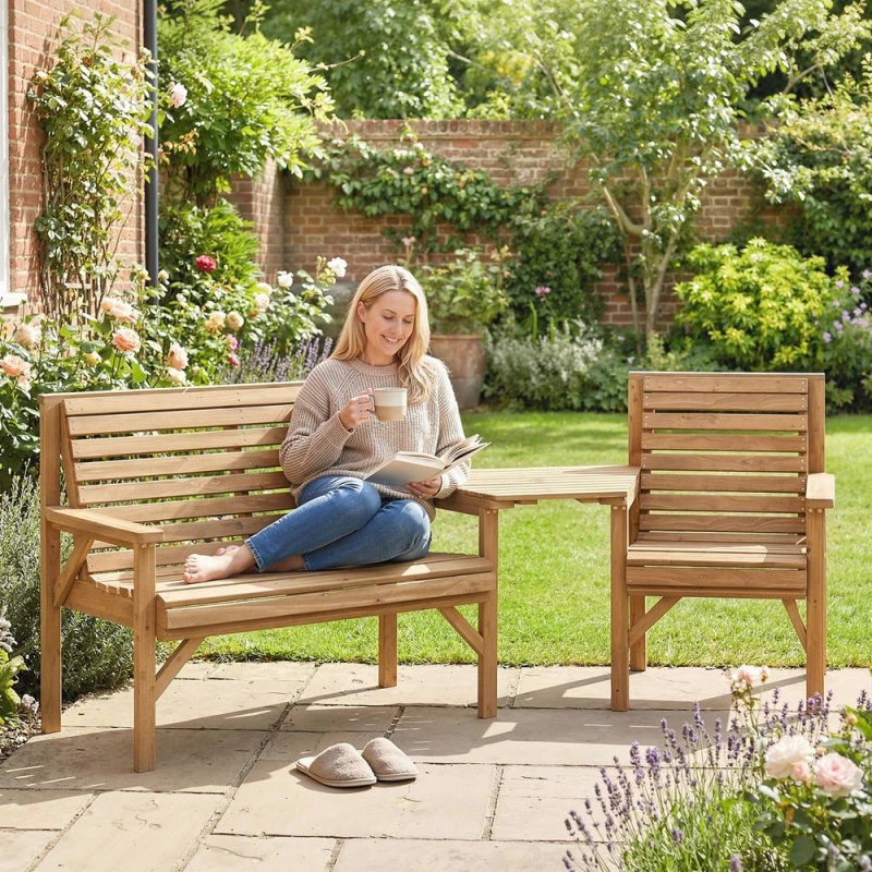 Image of OUTSUNNY Wood Garden Furniture Set w/ Parasol Hole, Detachable Table in Natural Natural Unisex