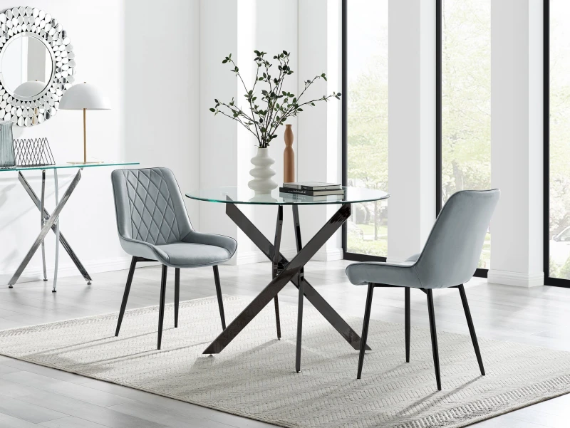 Image of FurnitureboxUK FurnitureboxUK Novara 100cm Round Black Leg Dining Table & 2 Pesaro Black Leg Chairs in Grey Grey One Size Unisex 5056784304501