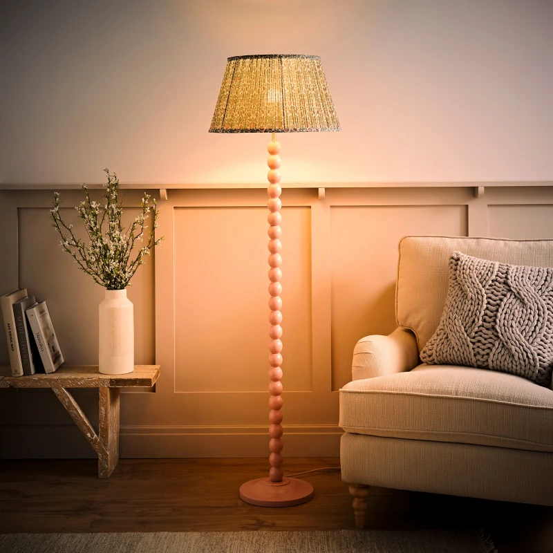 Image of ValueLights ValueLights Bobbin Bobbles Floor Lamp and Floral Pleated Taper Lamp Shade and Bulb in Pale Pink Pale Pink One Size Unisex 5059406069000