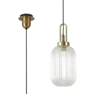 Image of Luminosa 1 Light Pendant E27 With 20cm Tubular Ribbed Glass, Clear Brass Gold, Matt Black