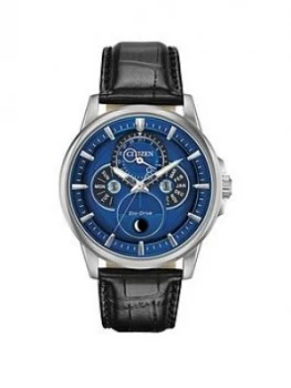 Image of Citizen Eco-Drive Moonphase Wr100 Blue And Silver Detail Dial Black Leather Strap Mens Watch