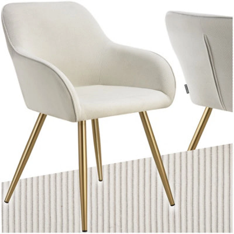 Image of Tectake 1 Dining Chair Marilyn - Corduroy Look, Upholstered, Armchair, Continuous Backrest - Cream/gold