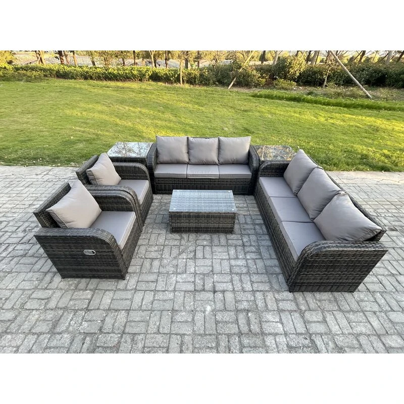 Image of Fimous Rattan Outdoor Garden Furniture Sofa Set Patio Table & Chairs Set with 3 Seater Sofa Reclining Chair 2 Side Tables Dark Grey Mixed Dark Grey