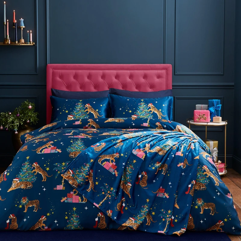 Image of Catherine Lansfield Christmas Tiger Silky Satin Duvet Cover Bedding Set Navy