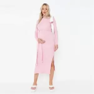 Image of Missguided Rib Belted Midi Dress - Pink