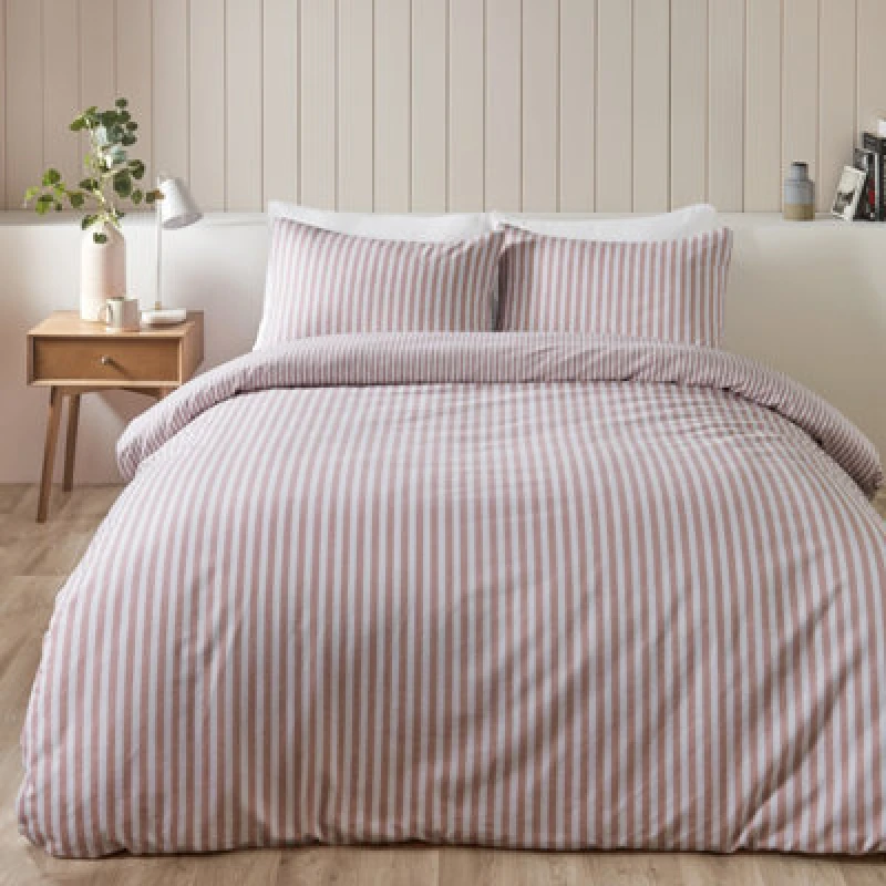 Image of Catherine Lansfield Blush Stripe 100% Duvet Cover and Pillowcase Set Blush