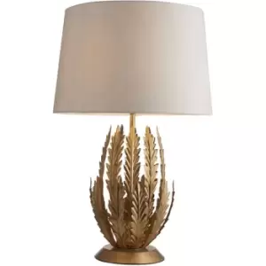 Image of Ornate Gold Table Lamp Light & Ivory Cotton Fabric Shade Decorative Leaf Design