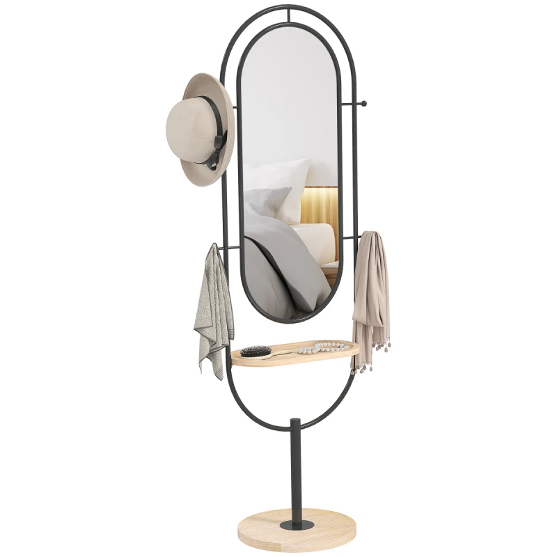 Image of HOMCOM HOMCOM Full Length Mirror, Free Standing Mirror with Tray and Hooks, Black One Size Unisex 5063603403567