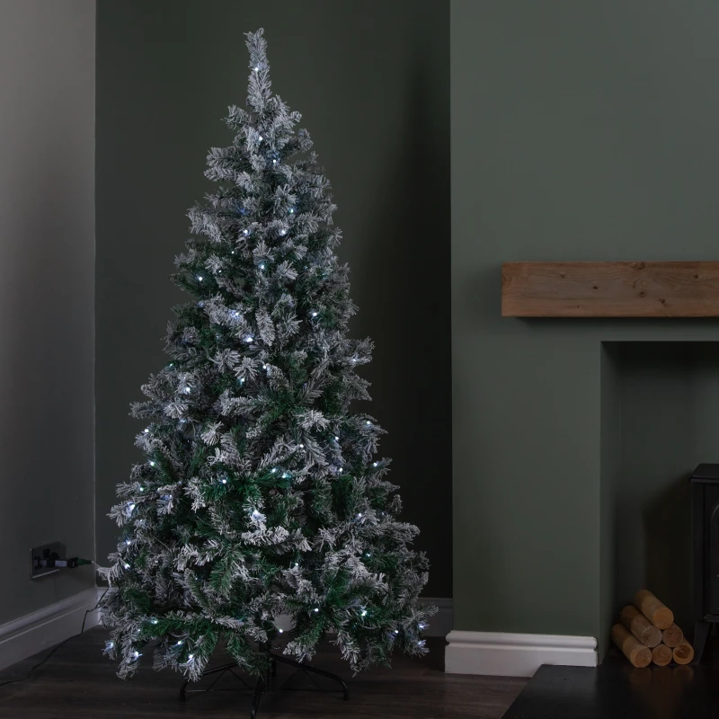 Image of 6ft (1.80m) Light up Prelit Snow Flocked Arbor Spruce Christmas Tree with 150 Colour Changing LEDs