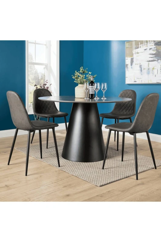 Image of Home Source Grayson Dining Set 120cm Round Modern Table & 4 Padded Chairs in Grey Grey Unisex