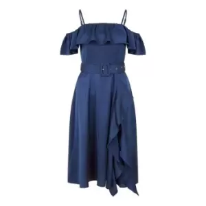 Image of Yumi Navy Bardot Satin Frill Dress With Belt - Blue