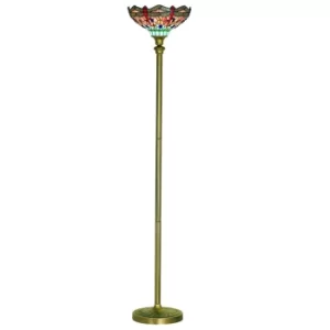 Image of Dragonfly 1 Light Floor Lamp Antique Brass, Tiffany Glass, Red, Blue, E27