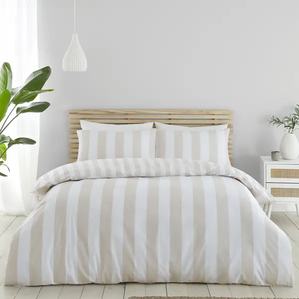 Image of Catherine Lansfield Cove Stripe Natural Duvet Cover and Pillowcase Set Natural