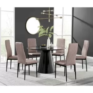 Image of Furniture Box Palma Black Semi Gloss Round Dining Table and 6 Cappuccino Milan Black Leg Chairs