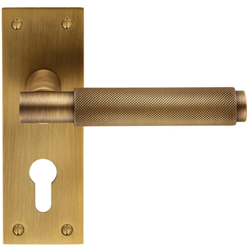 Image of Loops PAIR Knurled Round Lever on Slim Euro Lock Backplate 150 x 50mm Antique Brass Metallics