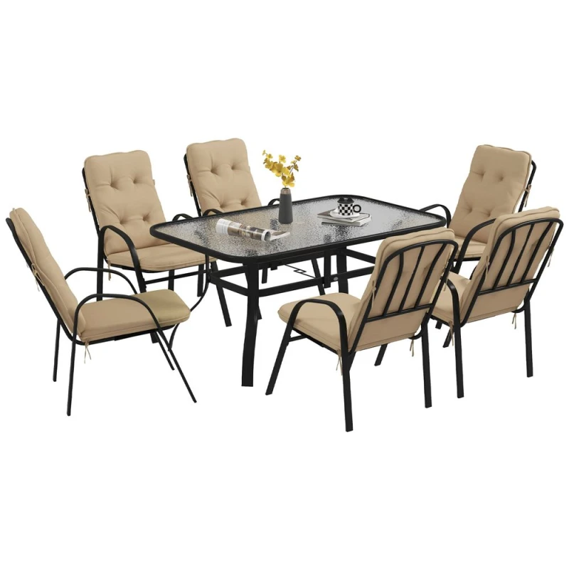 Image of Outsunny Outsunny 7 PCs Garden Dining Set, Glass Table w/ Umbrella Hole & Cushion, Beige - Beige