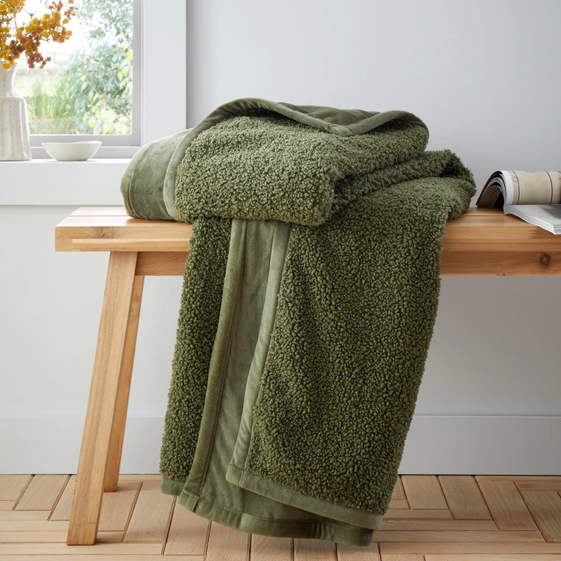 Image of Catherine Lansfield So Soft Velvet Boucle 130cm x 170cm Throw Olive