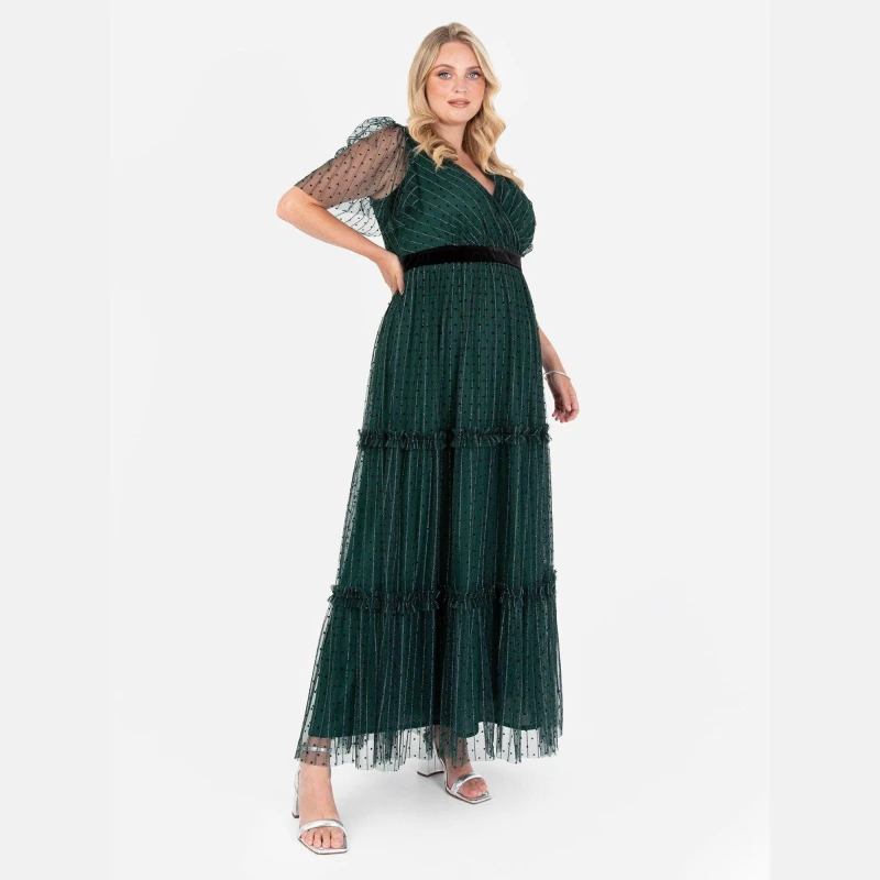 Image of Lovedrobe Lovedrobe Luxe Polka Dot & Stripe Tiered Maxi Dress Emerald female 12 (M)