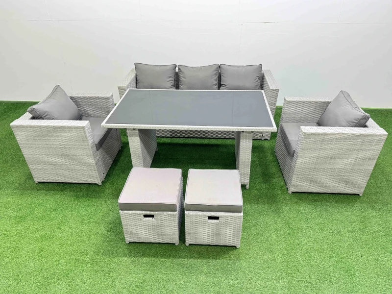 Image of Fimous Patio Garden Furniture Sets with Dining Table 2 Small Stool in Light Grey Light Grey Unisex