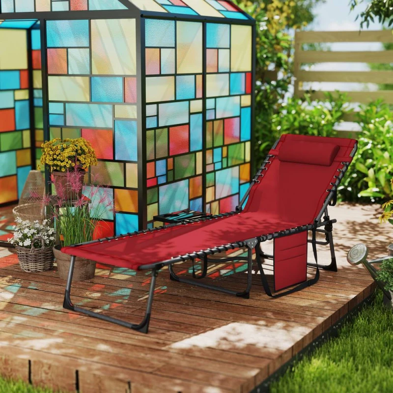 Image of Outsunny Folding Sun Lounger with 5-Level Reclining Back, Side Table, Red, Red 84G-721V00RD