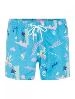 Image of Mens Boardies Yoko Honda Surf Print Shortie Length Swim Short Blue