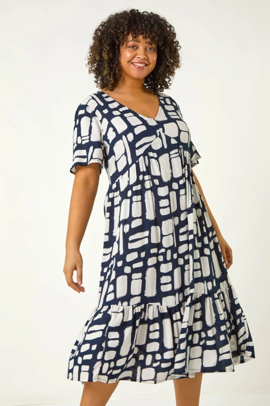 Image of Roman Womens Curve Print Tiered V-Neck Dress in Navy Size: 22-24 Navy Female 22-24