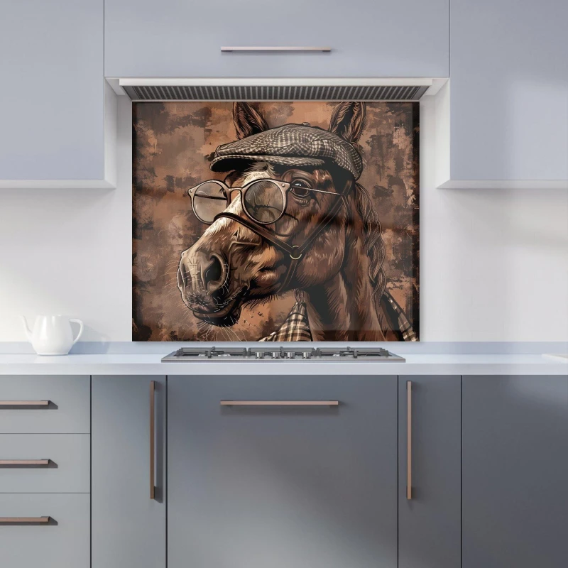 Image of Warren Reed - Designer Dapper Horse with Tweed Cap Kitchen Splashback in Black Size: 700mm x 650mm Black Unisex 700mm x 650mm