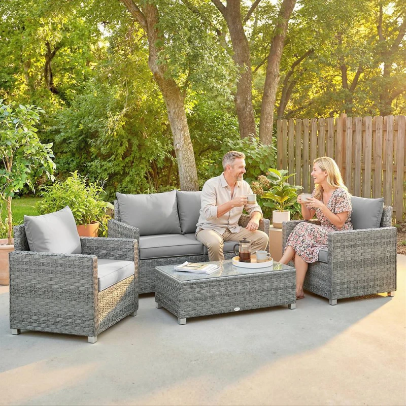 Image of OUTSUNNY 4 Seater Rattan Garden Furniture Set with Cushions, Grey Grey Unisex