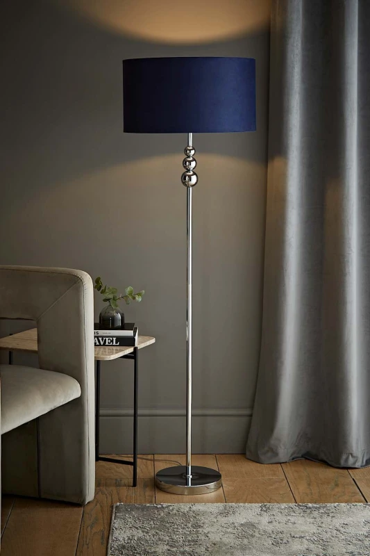Image of ValueLights Marissa Velvet Drum Shade with Chrome Stacked Ball Floor Lamp Navy