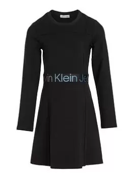 Image of Calvin Klein Jeans Girls Punto Tape Long Sleeve Dress - CK Black, Size 10 Years, Women