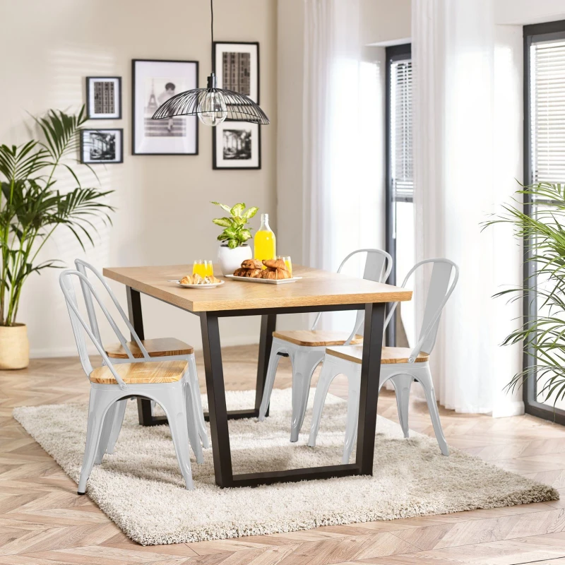 Image of FurnitureboxUK FurnitureboxUK 4 Seater Wood Dining Table - Cotswold 'Oak' Herringbone Dining Table & 4 White Colton Wooden Seat Metal Chairs White One