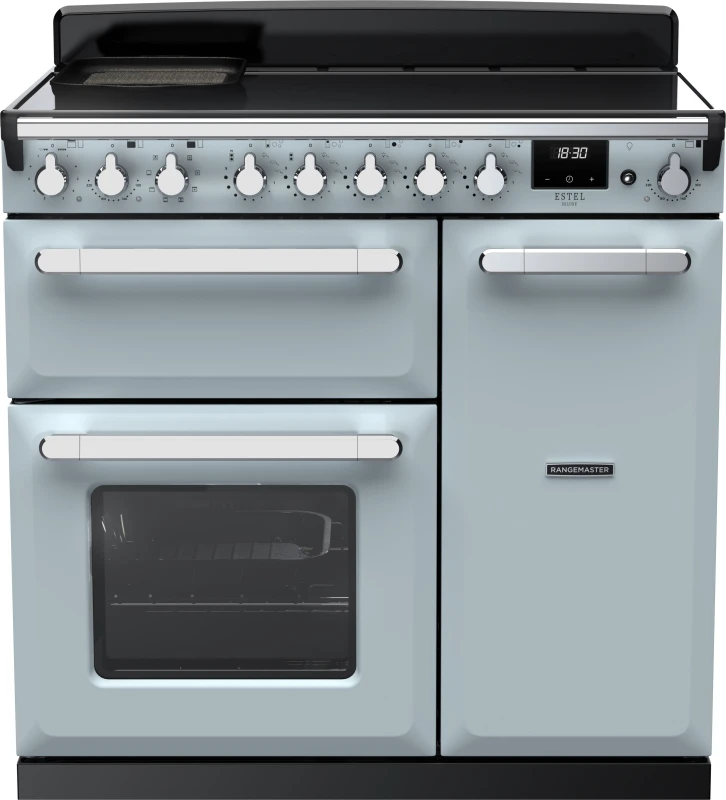 Image of Rangemaster Estel Deluxe ESDL90EIPMSB/CM1 90cm wide Electric Range Cooker with Induction Hob - Misty Blue / Chrome - A/A Rated