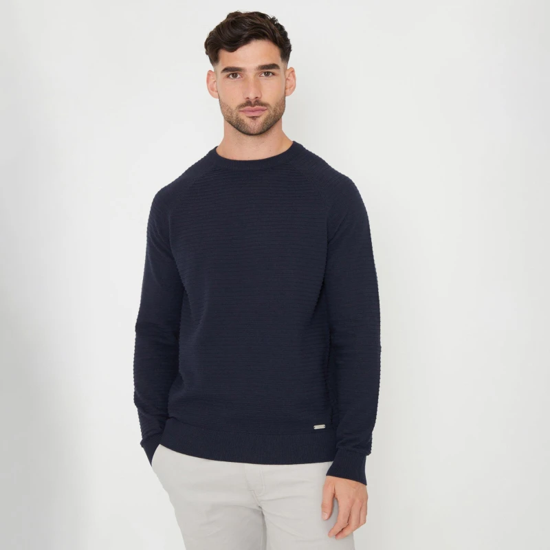 Image of Threadbare 'Mowbray' Textured Stripe Knitted Crew Neck Jumper Navy