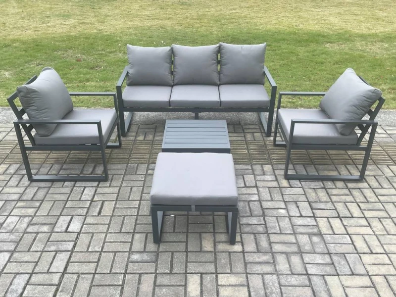 Image of Fimous Aluminium Outdoor Garden Furniture Set Lounge Sofa 2 PC Chairs Square Coffee Table Sets with Big Footstool Dark Grey Dark Grey Unisex