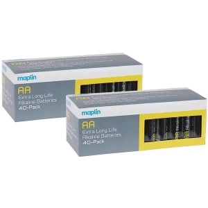 Image of Maplin Extra Long Life High Performance Alkaline AA 1.5V Batteries x80 (2x 40 Box)
