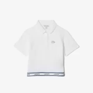 Image of Girls' Lacoste Printed Band Cotton Pique Cropped Polo Size 10 yrs White