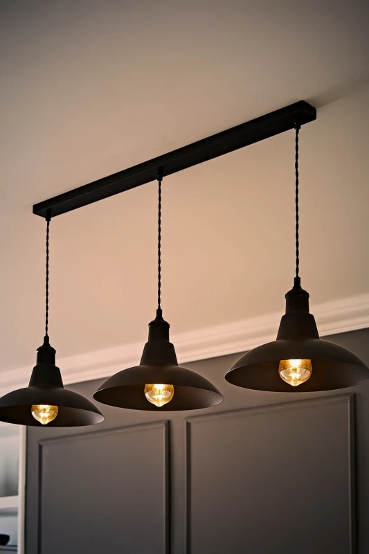 Image of ValueLights ValueLights Civic Matte Black 3 Drop Bar Matte Black Diner Ceiling Pendant Light with Bulbs Black One Size Unisex 5059406063671
