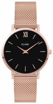 Image of CLUSE Minuit Rose Gold Steel Mesh Bracelet Black Dial Watch