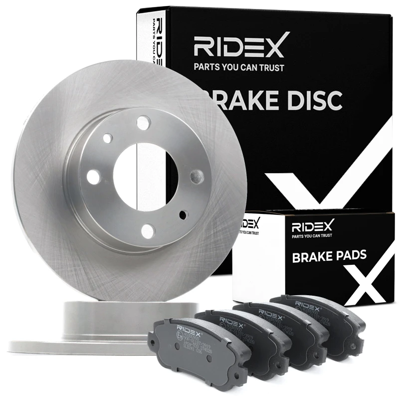Image of RIDEX 3405B0278 Brake disc and pads set Front Axle, Brake Disc Type: solid, incl. wear warning contact Brake Set,disc brakes (3405)