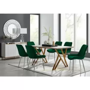 Image of Taranto Oak Effect Dining Table and 6 Green Pesaro Silver Leg Chairs - Green