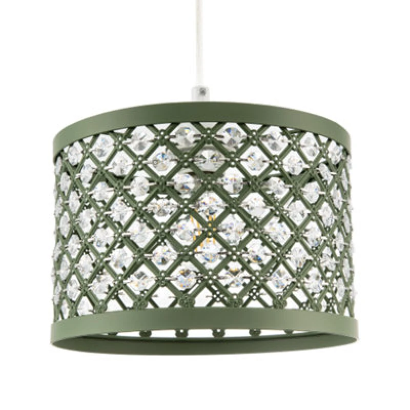 Image of Happy Homewares Modern Ornate Olive Green Metal Pendant Shade With Clear Acrylic Beads
