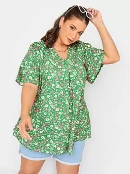 Image of Yours Angel Sleeve Front Pleat Ditsy Print Swing Top - Green, Size 34-36, Women