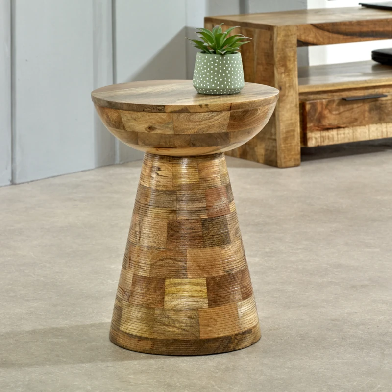 Image of Indian Hub Solid Wood Round Side Table Mushroom Style, Elegant And Versatile