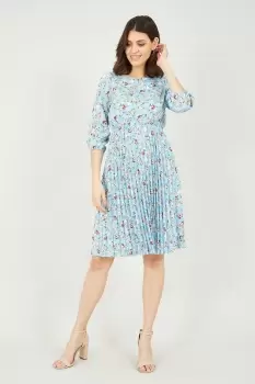 Image of Blue Mela Pleated Skirt Skater Dress With Rose Print