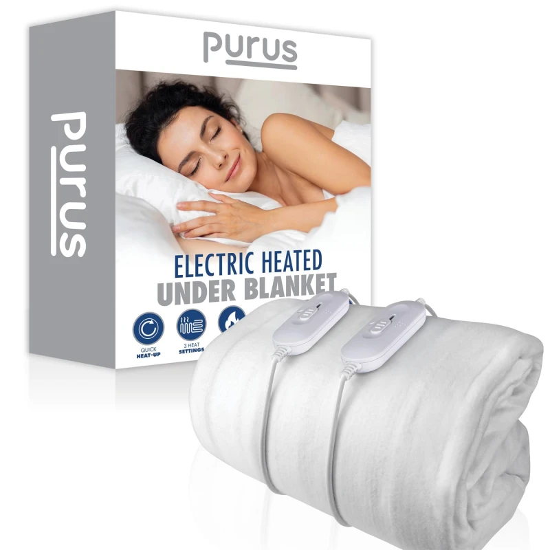 Image of Purus Luxury Polyester Electric Blanket Heated Fully Fitted Bed Under Blanket 3 Heat Settings - Single/Double/King/Super King in White Size: Double