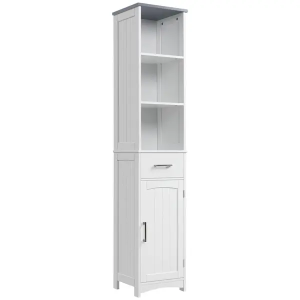 Image of Kleankin Tall Bathroom Storage Cabinet Freestanding Linen Tower Slim Organizer White