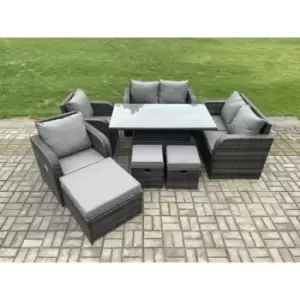 Image of Fimous 6 Seater Outdoor Dark Grey Rattan Lounge Complete Sofa Set with Height Adjustable Dining Table, 2 Stools and Big Footstool